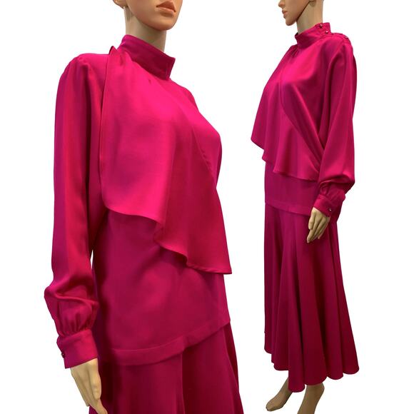 80s Hot Pink Midi Skirt & Asymmetrical Blouse Set | Auckie Sanft Italy | W 25' - Picture 4 of 13